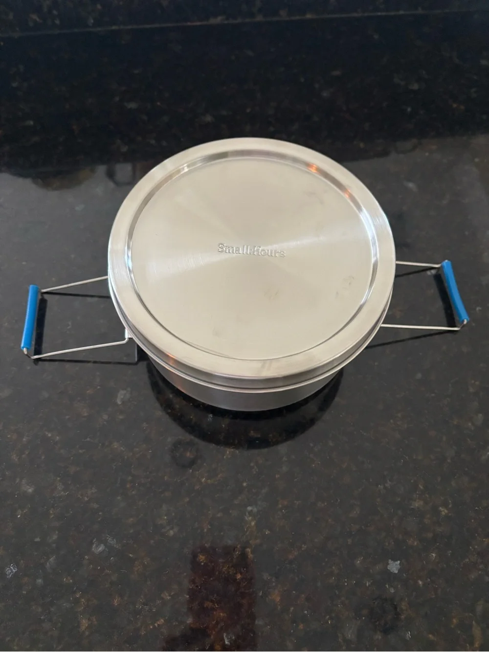 New!  Stainless Steel Container with Blue Handles